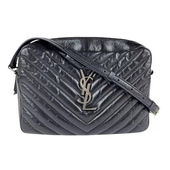 Auth SAINT LAURENT Lou Crossbody Shoulder Bag Black/Silver Leather/Metal - Picture 1 of 16